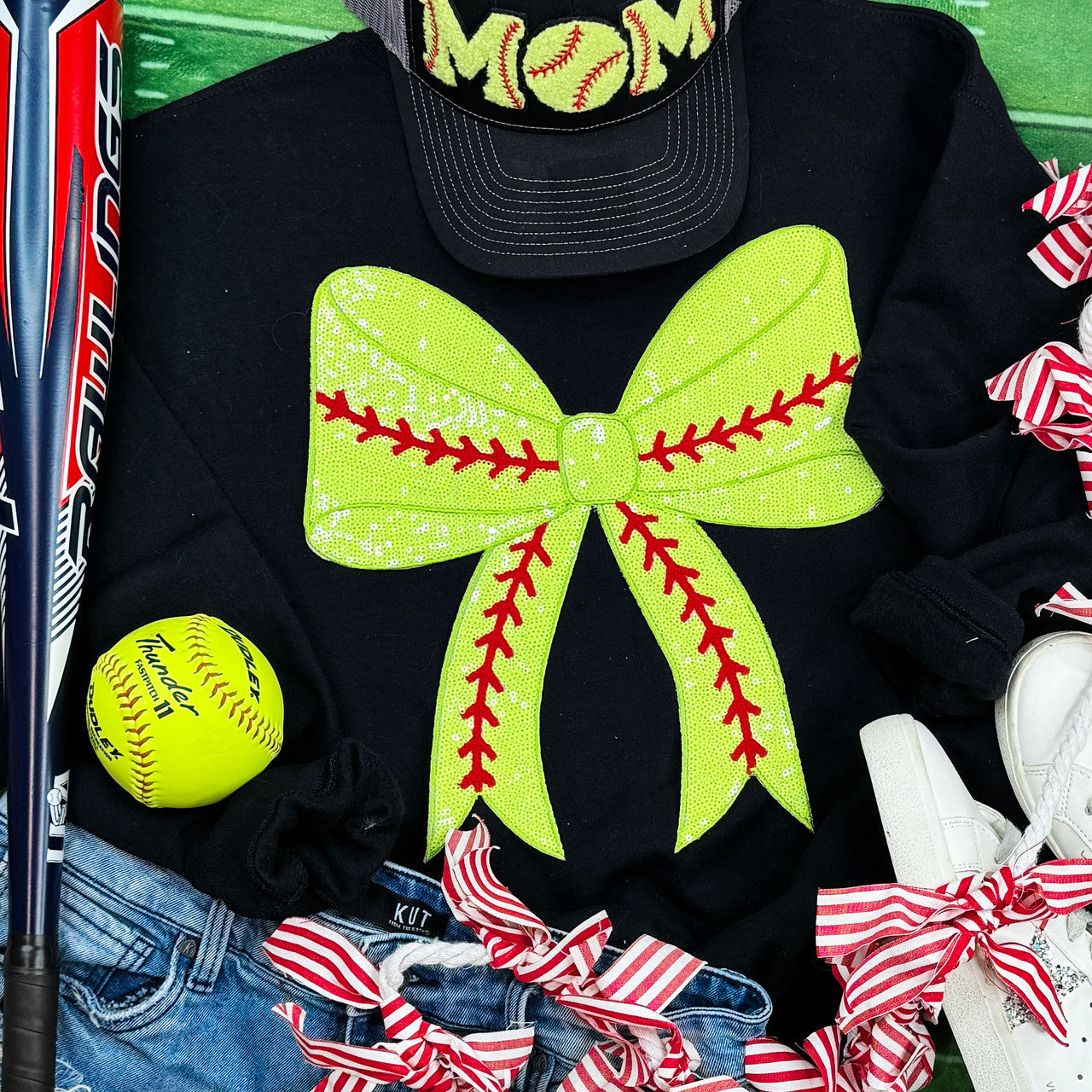 Softball Bow Sequin Patch Sweatshirt