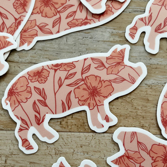 Wildflower Pig Sticker // Pink Floral Swine Silhouette Sticker